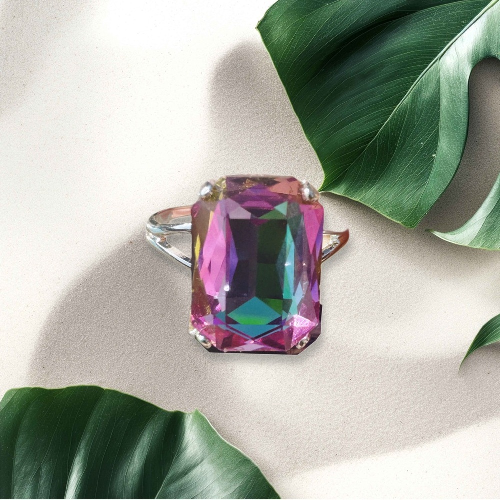 Faceted Swavorski Heliotrope Silver Tone Split Band Ring(14x10mm)